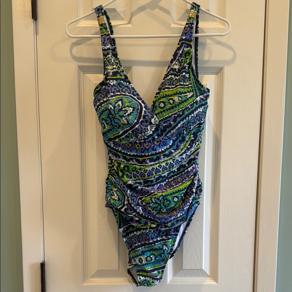 Ralph Lauren Size 12 Shirred Slimming Bathing Suit Gold Trim Detail